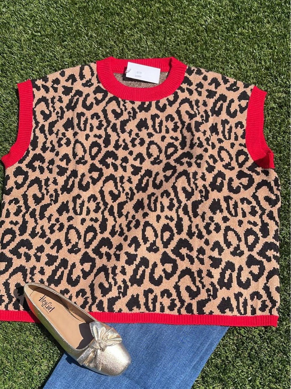 Leopard Print Sleeveless Knit Sweater with Red Trim